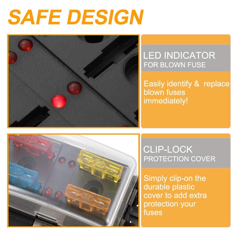 BUNKER INDUST 4-Way Blade Fuse Box with LED Indicator for Blown Fuse,Fuse Block Holder Box with Protection Cover for Car Boat Marine Automotive,Include 12Pcs Blade Fuses - Image 2